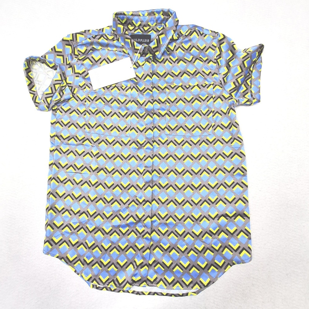 Wildfang Empower Satin Button Up Shirt Womens Small Blue Yellow Geometric